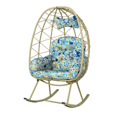 Fauteuil à bascule intérieur et extérieur en forme d'œuf, chaise longue cocon en rotin et osier d'une capacité de 330 lb avec coussin et coussin épais, chaise berçante simple pliable pour patio, balcon, chambre à coucher, salon