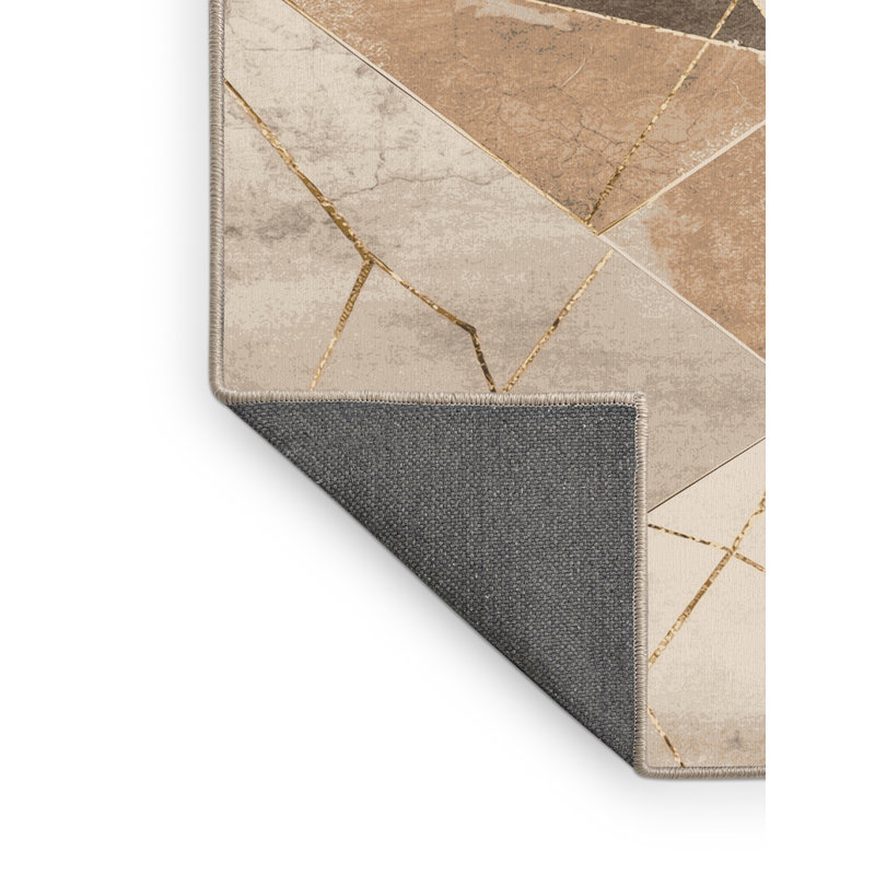 Tapis moelleux moelleux à motif abstrait et géométrique beige - reliure beige, Carré 6 pi