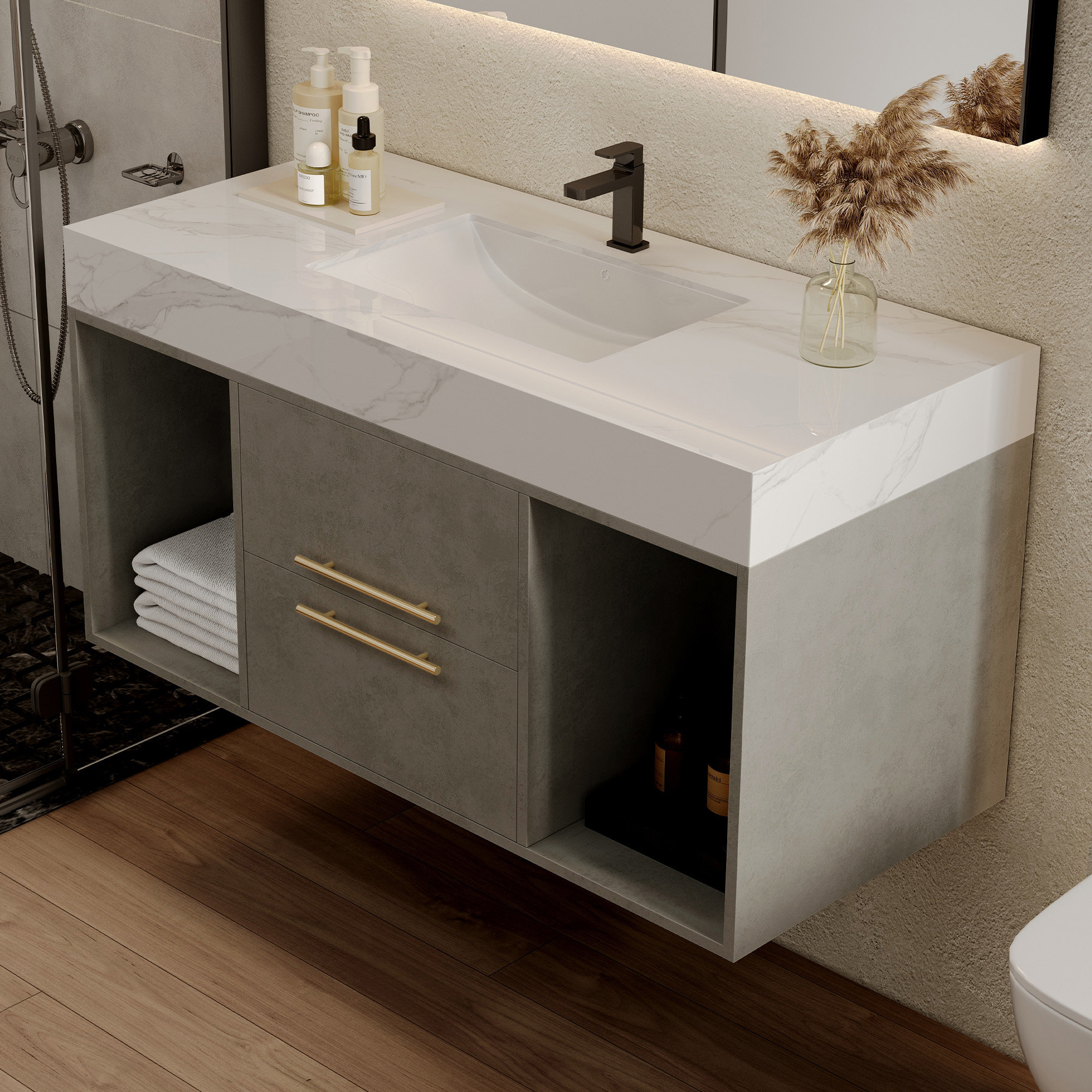 Mercer41 Dalijah 39.4'' Single Bathroom Vanity with Faux Marble Top ...