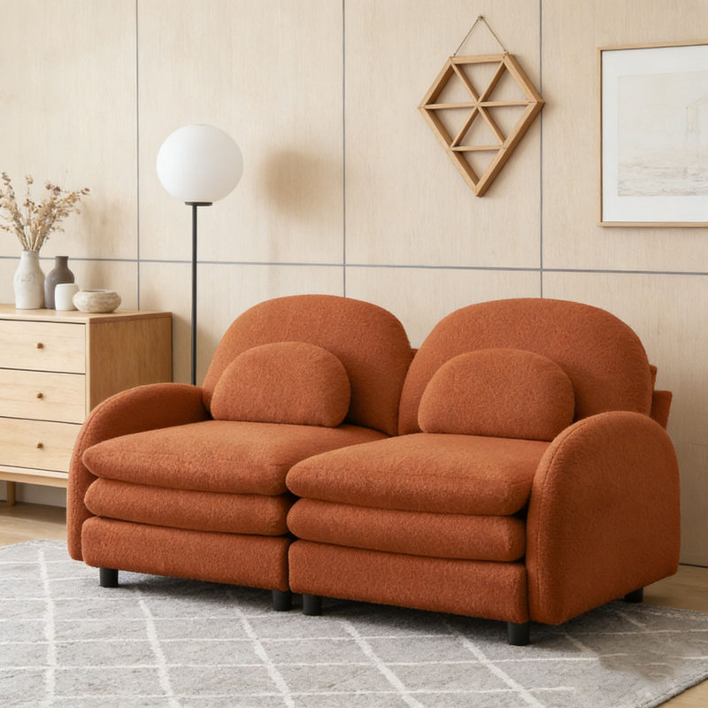 Teddy Fabric Cloud Sofa,Curved Backrest and Armrest with Curved Lumbar Pillows, Orange+2Seat