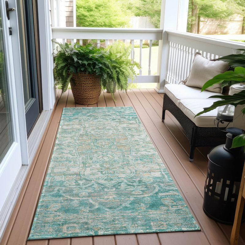 Machine Washable Indoor/Outdoor Xhevrie Teal Rug, Runner 2'3" x 7'6"