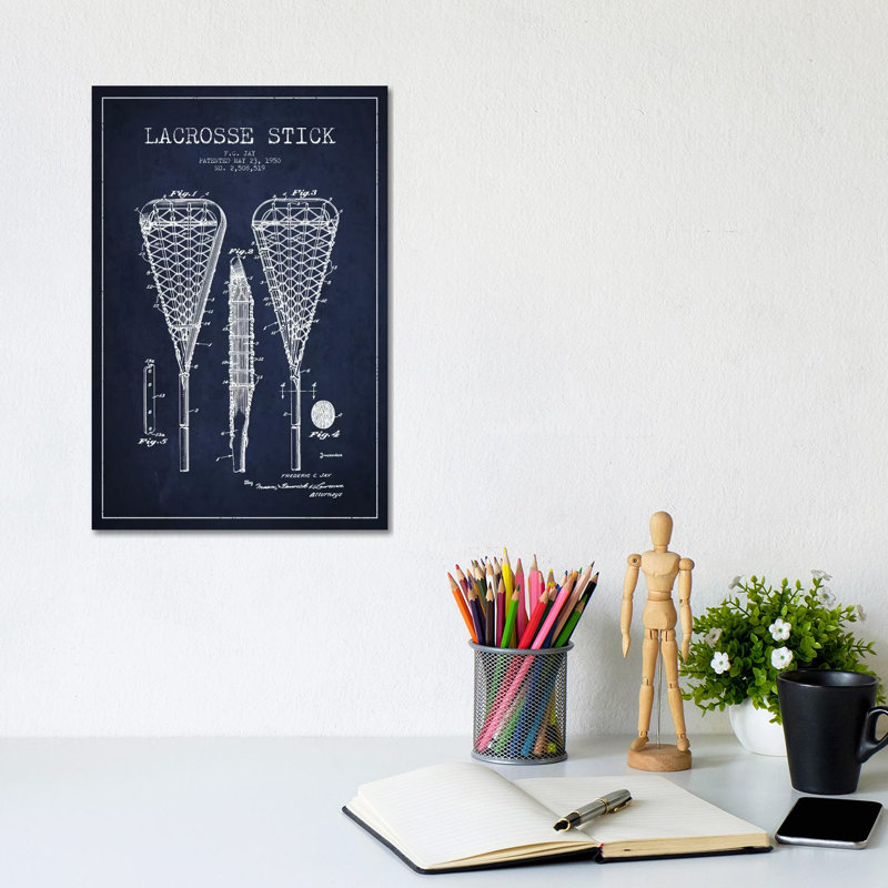 «Lacrosse Stick», bleu marine, brevet bleu, giclée sur toile tendue avec châssis