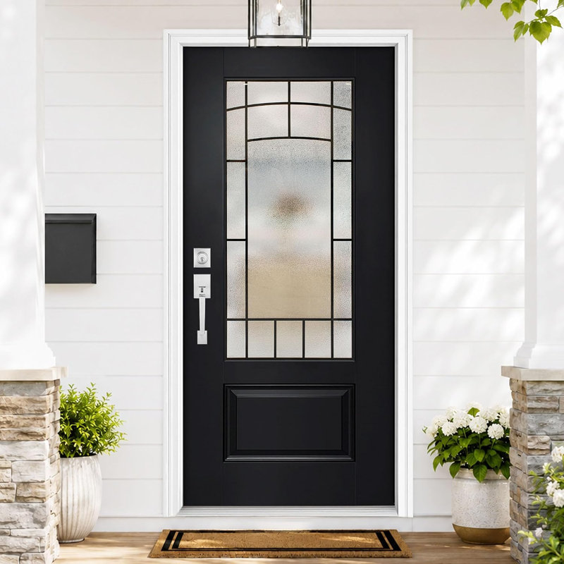 Porte d'entrée en fibre de verre noire KHSHOW avec porte à moulure en brique et en vinyle de 36 po x 80 po, conception noire lisse brossée