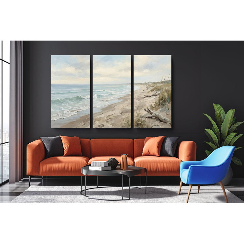 «Coastal Beach», reproduction d'art sur toile triptyque mettant en vedette des vagues de l'océan et du bois flottant, décor de bord de mer aux tons doux, décor de rivage 3 pièces, reproduction de peinture