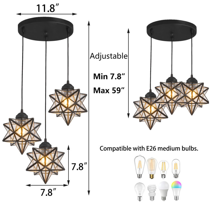 3-light Glam Chandelier With Glass Star, Matte Black, Clear