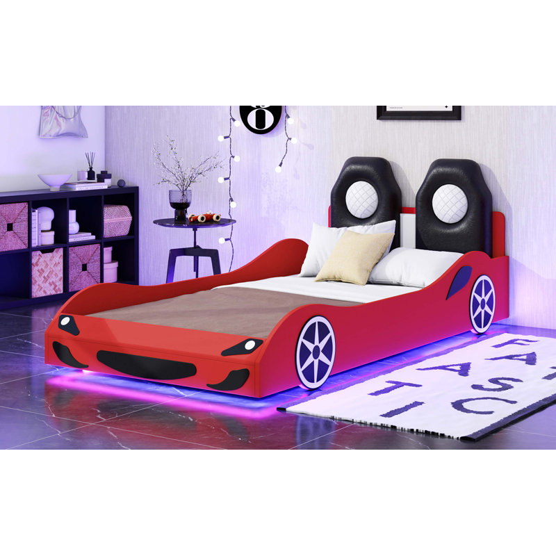 Lit plateforme unique en forme de voiture de course avec éclairage DEL et dossier rembourré pour une expérience de chambre à coucher amusante et confortable