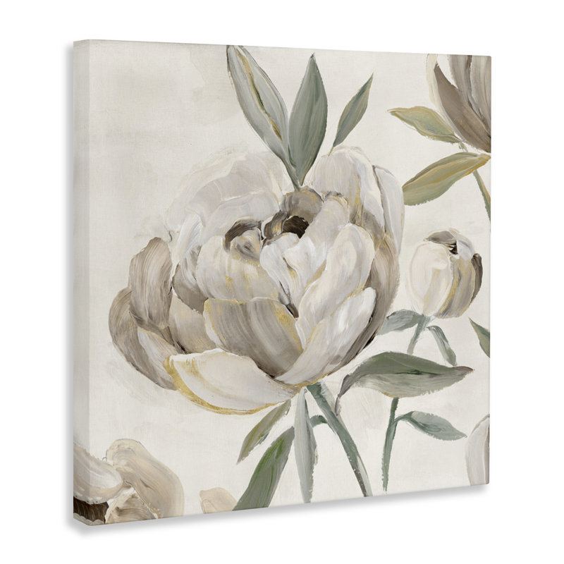 Pivoines lustrées sur toile neutre, design par Aria K., H 17 po x l 17 po