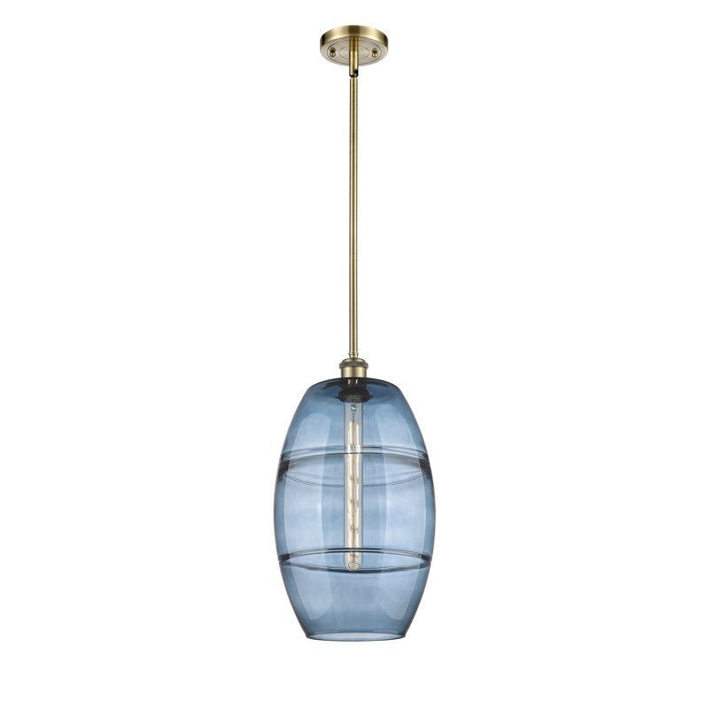 Luminaire suspendu à tige 1 lumière 10 po Ballston Bettylou, H 18,5 po x l 10 po x P 10 po, Bleu princesse, Laiton antique