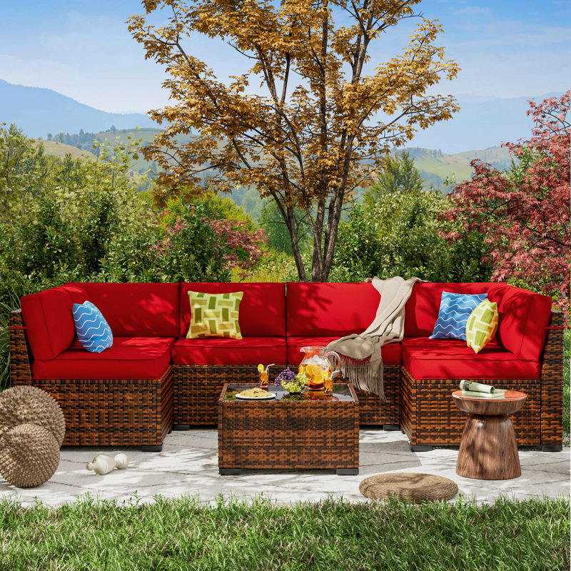 Treyshun Modular Slanted Rattan Sectional Conversation Sets With Coffee Table, Red, No