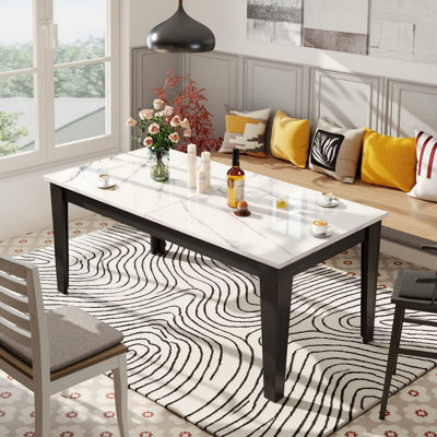Extendable Dining Table, 70.87"-106.3" Large Kitchen Table with Faux Marble Veneer Top, Seats 6-8, Black & White Modern Rectangular Dining Room Table