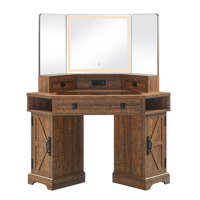 48" Corner Vanity with 3-Sided LED Mirror and Built-in Charging Station, Brown