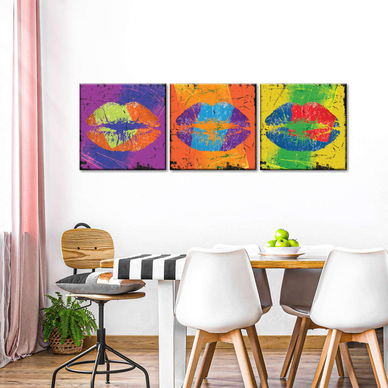 Halftone Grunge Lips - 3 pièces, impression panoramique sur toile tendue, H 36 po x l 110 po x P 1,25 po