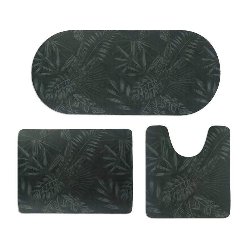 Decorative 3-Piece Bath Mat Set – Includes Standard, Runner, and Contour, Dark Green Leaves