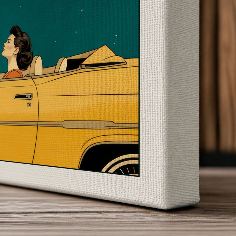 Saturn and the Yellow Convertible Retro - Wrapped Canvas, 18x12 - 45.7 x 30.5 cm, Cream Border