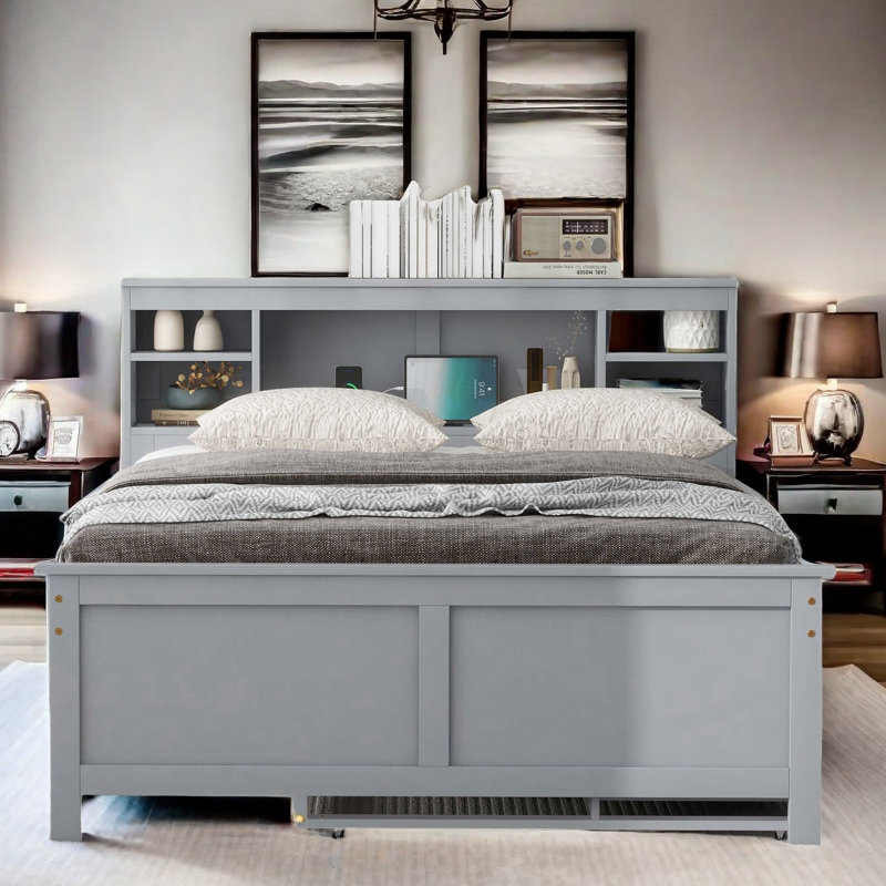Lit plateforme Shamillia avec tête de rangement, port USB, lit gigogne simple et 3 tiroirs, gris