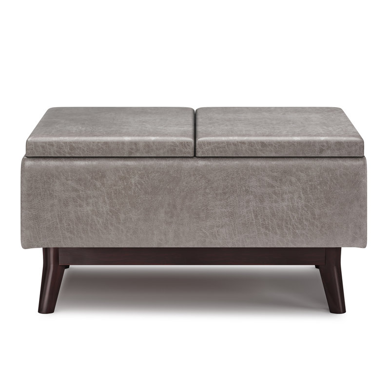 Owen 34"W Upholstered Mid-Century Modern Rectangular Flip-Top Ottoman with Tray Top, Distressed Grey Faux Leather
