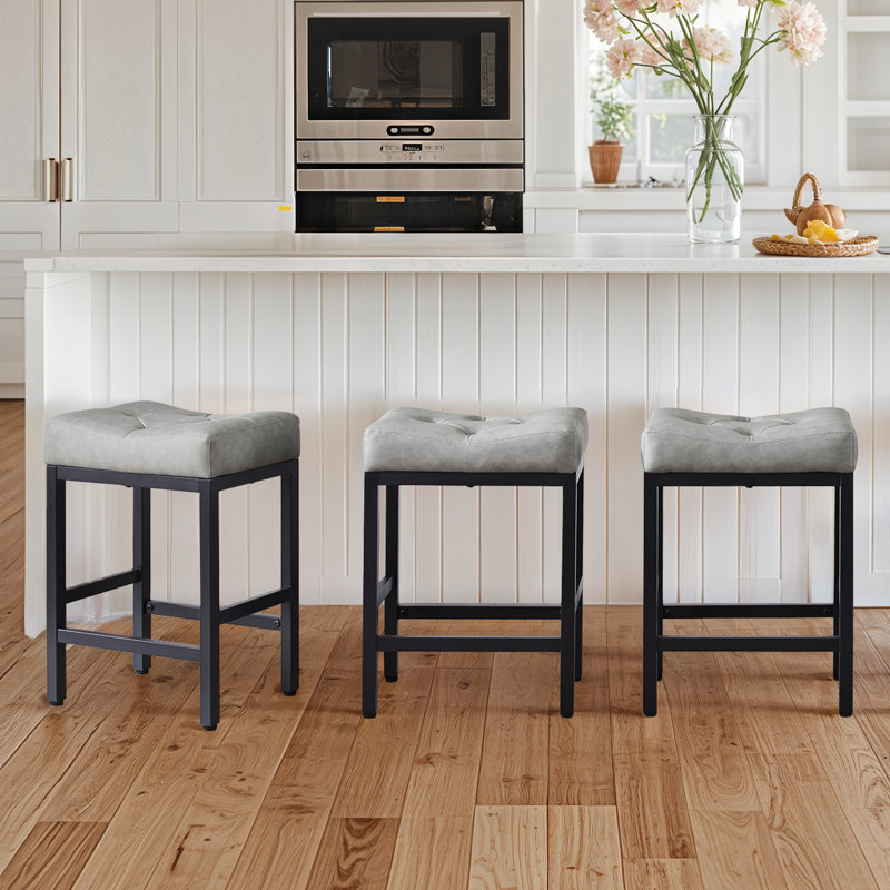 24 Inch Metal Saddle Upholstered Counter Barstools (Set Of 2), Dark Gray, Black, 2