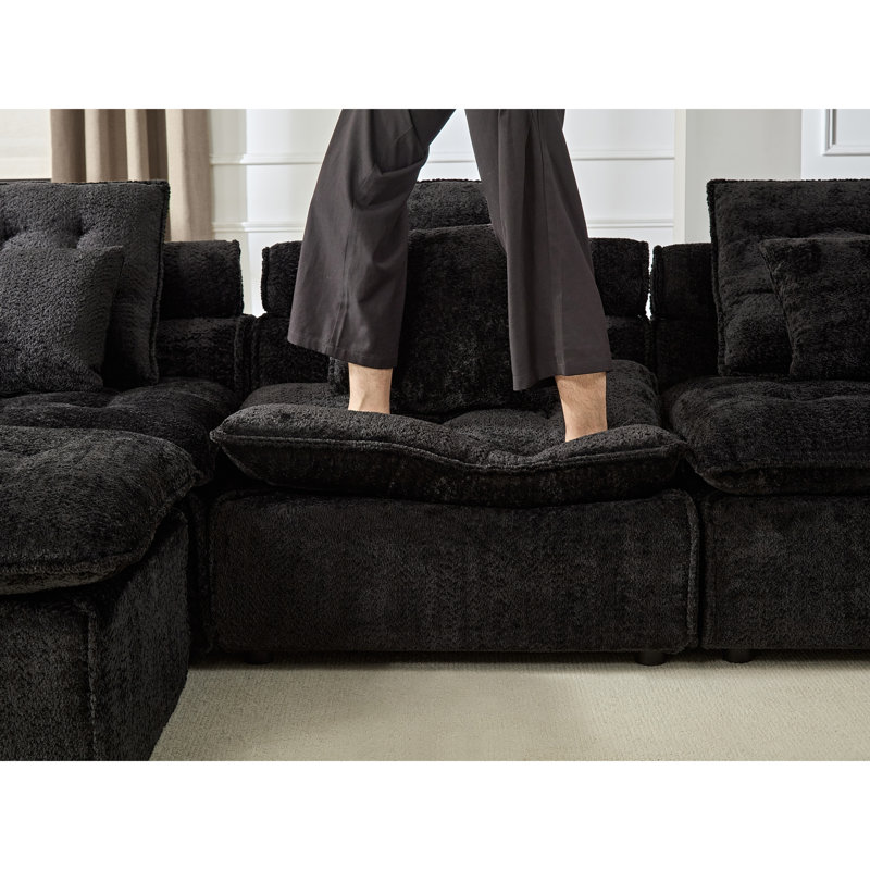 Upholstered Boucle Sectional, Black Boucle, 30.3" H x 137.7" W x 88.9" D