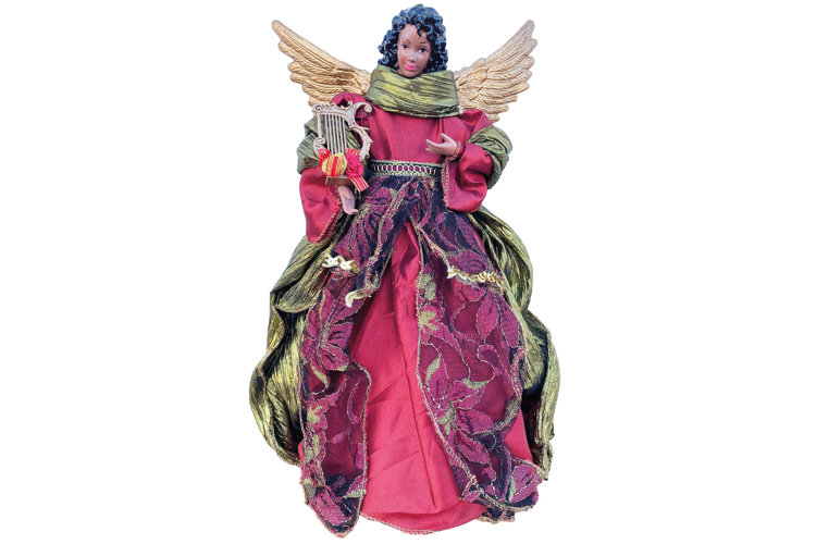 Christmas angel tree topper with a red and gold dress, a harp, and gold angel wings.