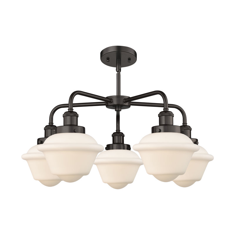 Lustre bol à 5 lumières en verre à intensité variable Grourke, Blanc mat, Bronze huilé