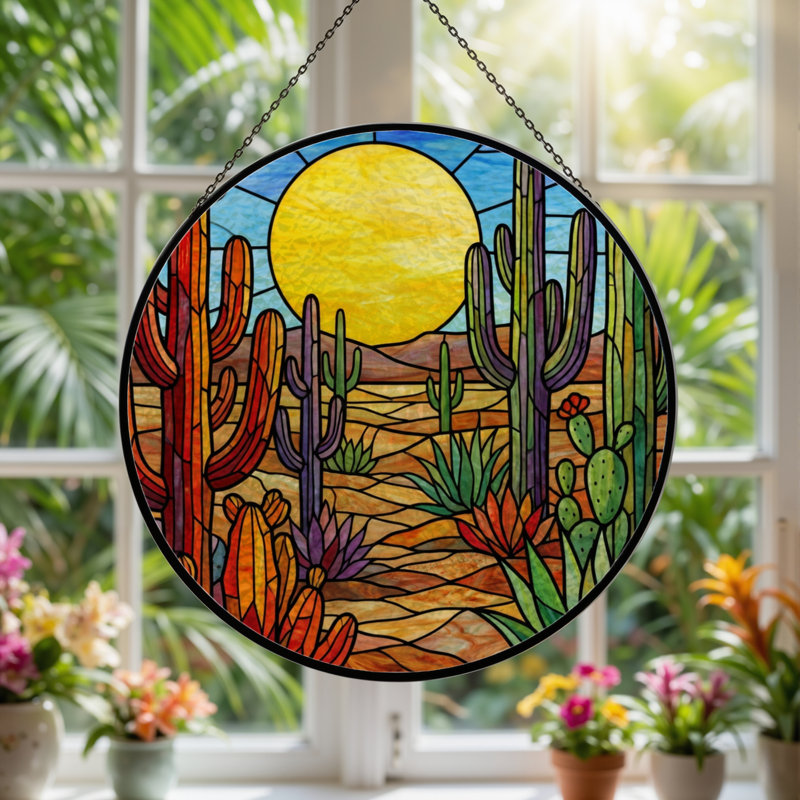 7.8"H Desert Cactus Stained Glass Window Panel, 7.8" H x 7.8" W