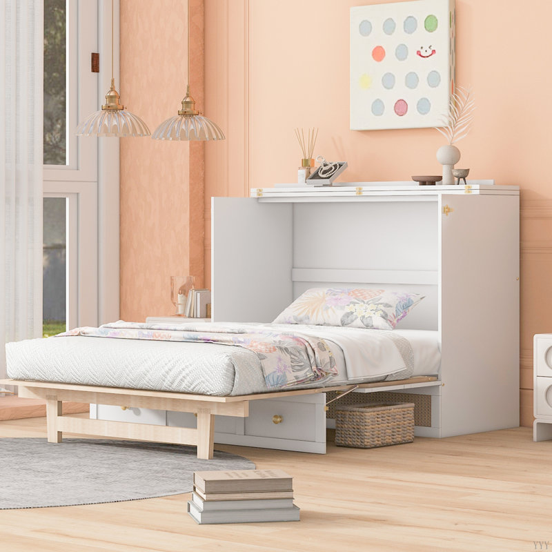 Murphy Bed With Large Drawers, White, Queen