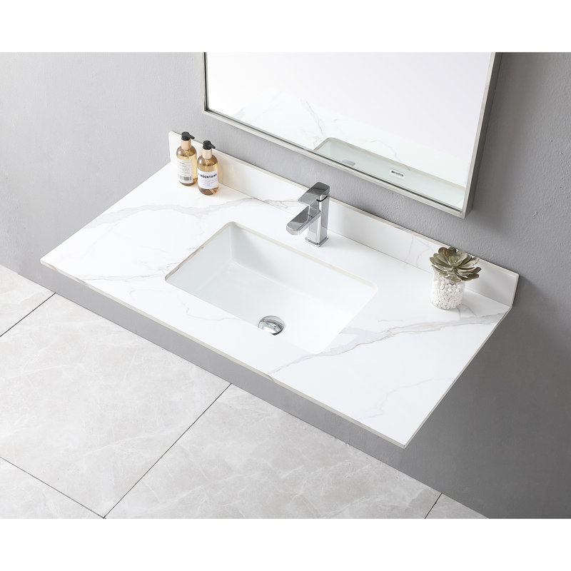 Plateau de meuble-lavabo 43 po x 22 po en pierre frittée avec lavabo en céramique et trou de trop-plein de fabrication solide