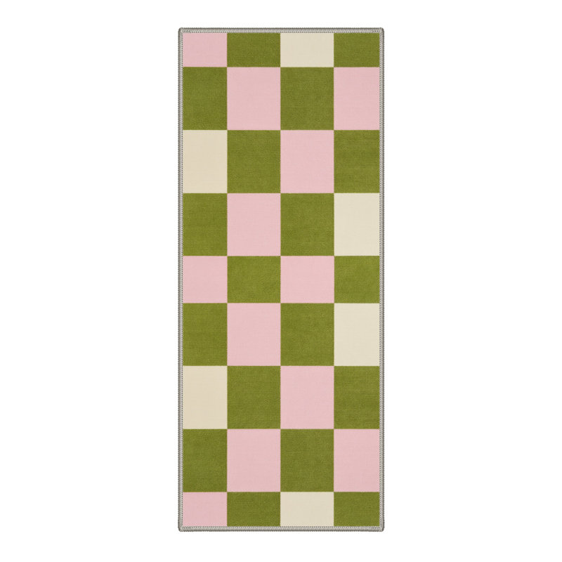 Aura Modern Checkerboard Machine Washable Green / Beige / Pink Indoor Area Rug with Non-Slip Backing, Runner 2'6" x 8'