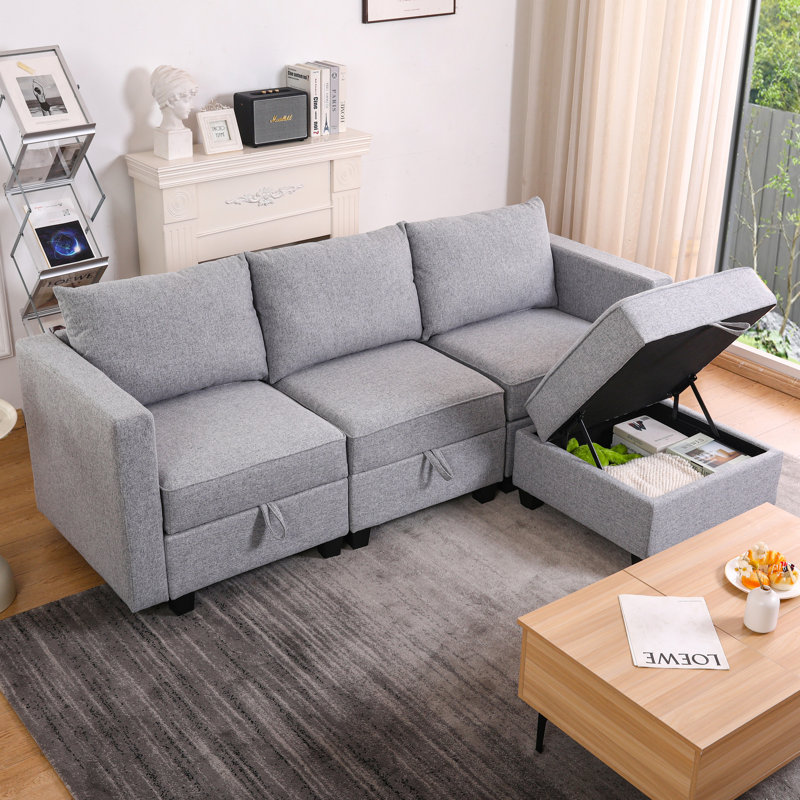 Petit canapé modulaire en L avec repose-pieds convertible et grand rangement, gris clair