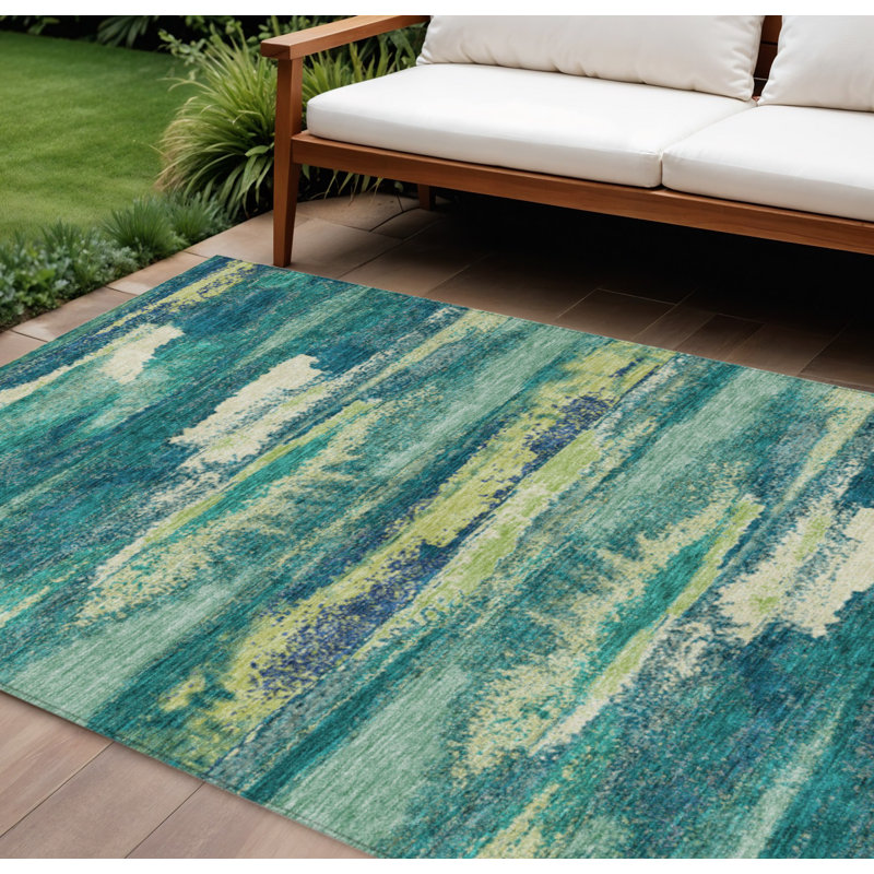 Tapis extérieur lavable abstrait vert émeraude et vert lime 10 pi x 14 pi