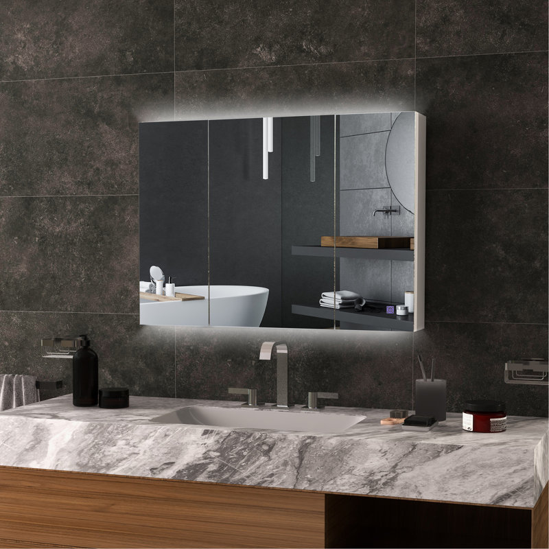 Armoire à pharmacie lumineuse avec miroir, miroir de salle de bain mural avec rangement, armoire de salle de bain 3 couleurs avec charge USB, tablette réglable