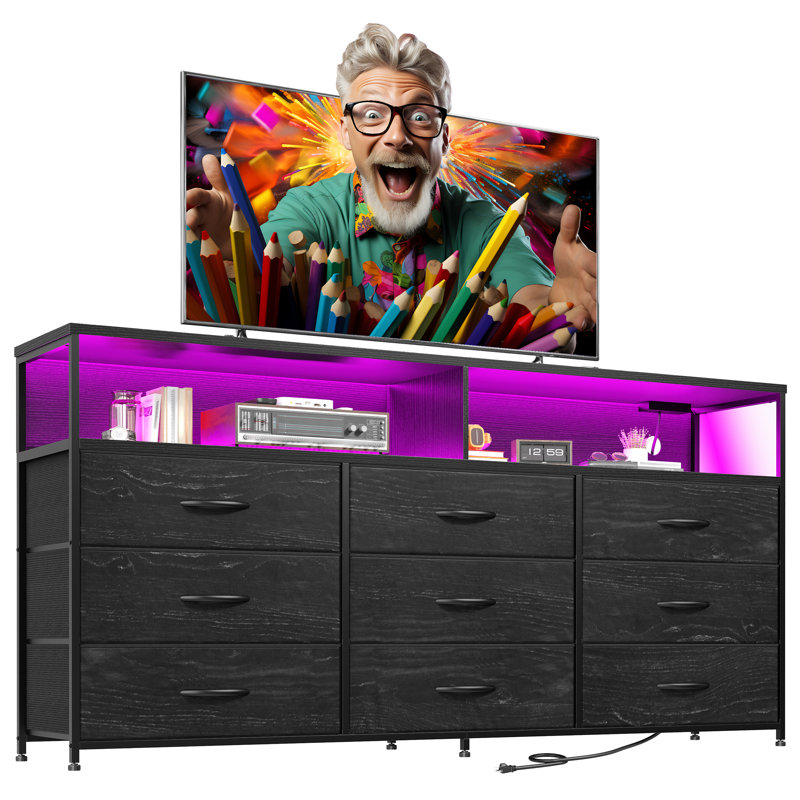 55” W 9 Drawer Dresser With 2-tier Open Shelf, Bedroom Dresser With Power Outlet & Led Light, Black