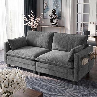 74" Modern Chenille Loveseat Sofa, Small Sectional Couch with Dual USB Charging Ports & Side Pockets, Double-Layer Upholstered Cloud Couches for Living Room, Bedroom, Office, Apartment