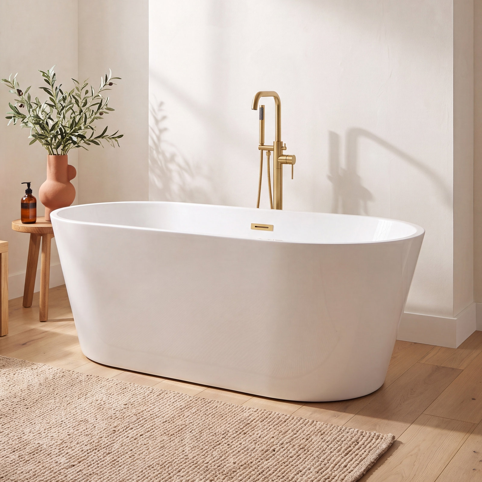 Cove 67" Freestanding Soaking Acrylic Bathtub, Brushed Gold, White