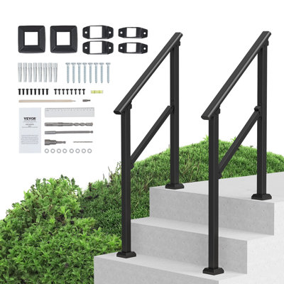 Handrails for Outdoor Steps, 2 PCS 2-3 Step Stair Hand Rail Kit, Transitional Carbon Steel Railings with Installation Kit, Stair Rails for Seniors, Concrete and Porch and Deck, Black Square Tube