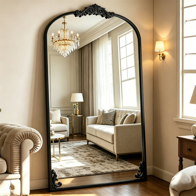 Arched Full-Length Mirror – Ornate Carved Metal Frame, Freestanding Floor Mirror With Artistic Base Detailing, Vintage Wall Mirror For Home Décor
