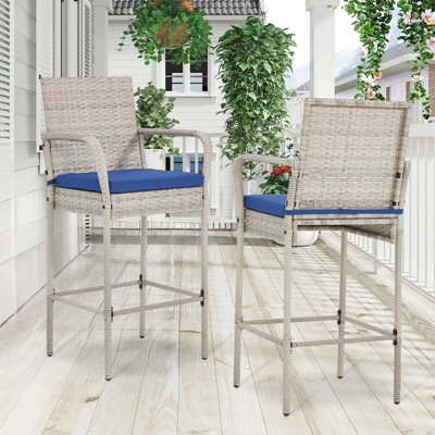 Outdoor Patio Wicker Bar Stools Set Of 2, Pe Wicker Rattan Bar Stools With Removable Cushions, Ergonomic Armrests & Backrest, All-weather Outdoor Bar by Ebern Designs