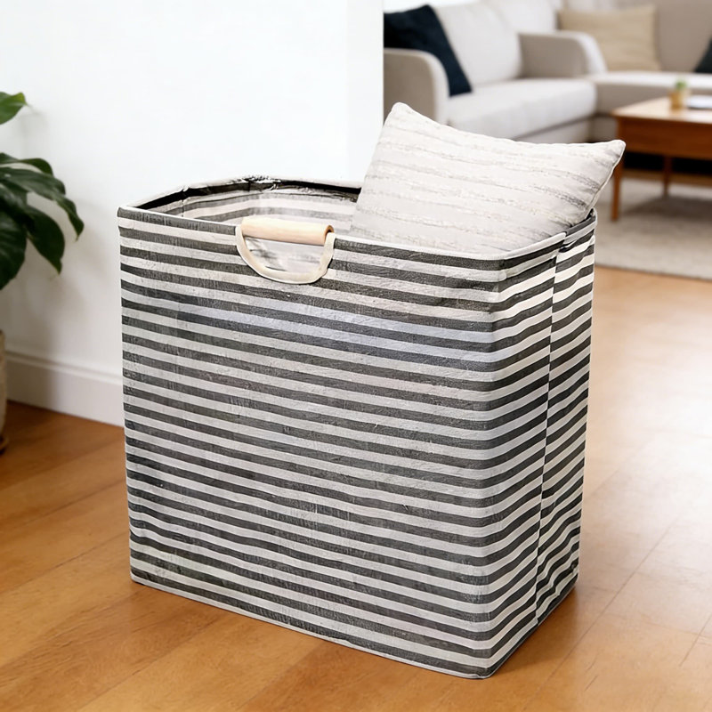 Panier à linge pliable avec poignées en bois - Panier de rangement en lin de coton grande capacité pour les vêtements, les jouets et l'organisation de la salle de bain