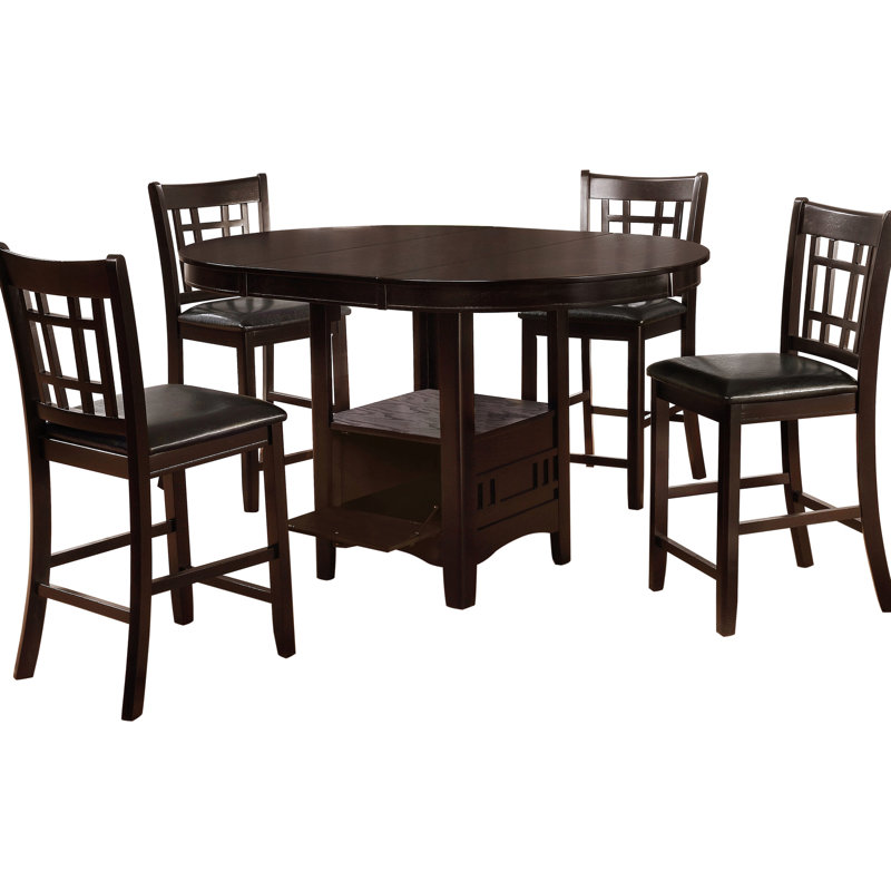 Table de salle à manger à hauteur de comptoir avec table ronde extensible, siège en bois, sièges noirs, rangement fermé à piédestal pour Decor Wood 5, rallonge de table de 18 po, tabourets à dossier et ouvert