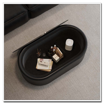Table basse 33,46 pouces avec rangement ovale caché et revêtement en cuir de qualité supérieure