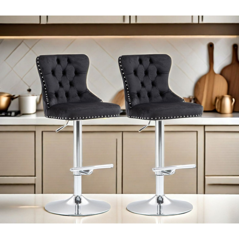 Tabouret pivotant moderne, tabouret réglable en hauteur avec dossier haut, capitonné, repose-pieds argent et garniture cloutée, ensemble de 2