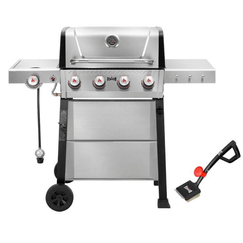 Feasto 4-burner Freestanding Propane Gas Grill With Side Burner And Cleaning Brush, Stainless Steel