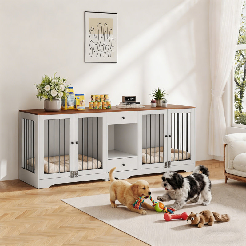 Meuble de rangement pour chien moderne pour 2 grands chiens 83 - chenil intérieur avec 4 portes et 2 tiroirs Modern, Blanc