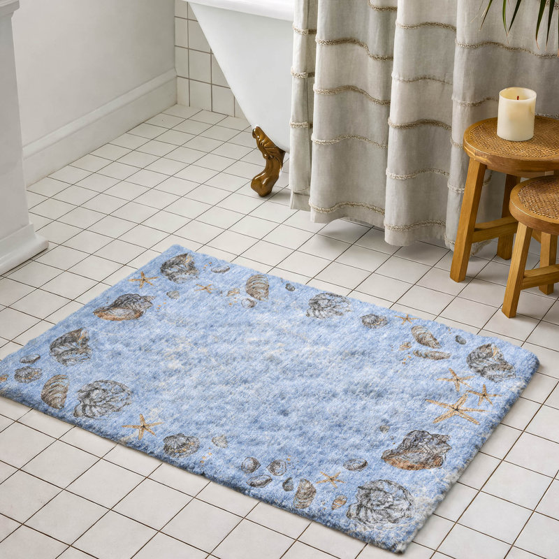 Premium Machine Washable Dream Shag ADS188 Shell Border Rug, Blue, 2'6" x 3'10"
