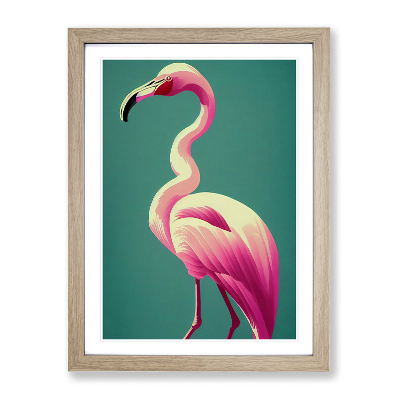 Dashing Flamingo - Single Picture Frame Print, 64cm H x 46cm W x 2cm D, Oak
