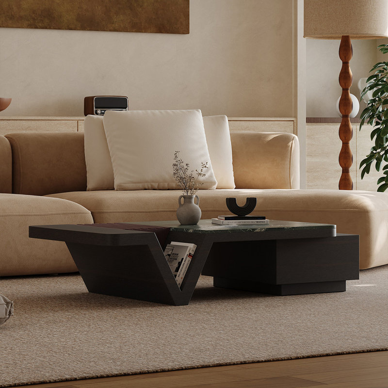 Table basse géométrique de luxe à dessus en pierre naturelle avec tiroir de rangement pour le salon