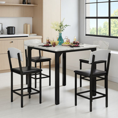 Dining Table Set For 4, Counter Height Table & 4 Bar Stools, Modern Kitchen Dining Set, With Upholstered Chairs, White, Grey