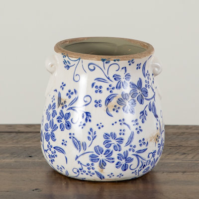 6.5 in. Floral Tuscan Ceramic Blue Scroll Planter