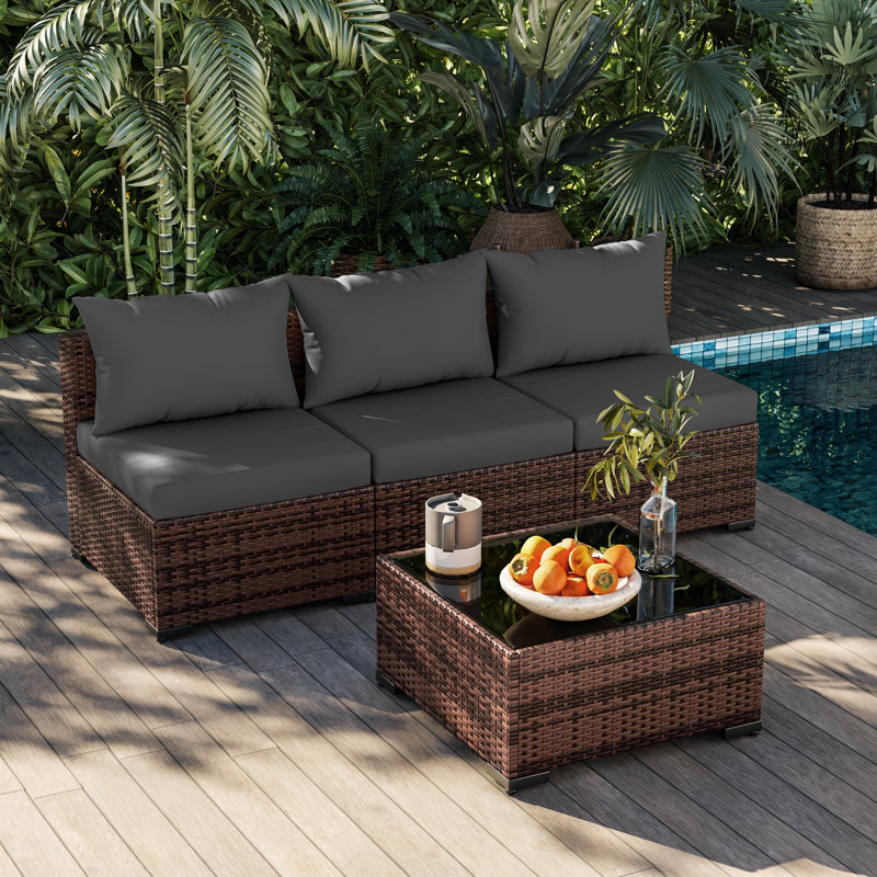 Ensemble de conversation extérieur sans accoudoirs pour 3 personnes avec table basse, Gris