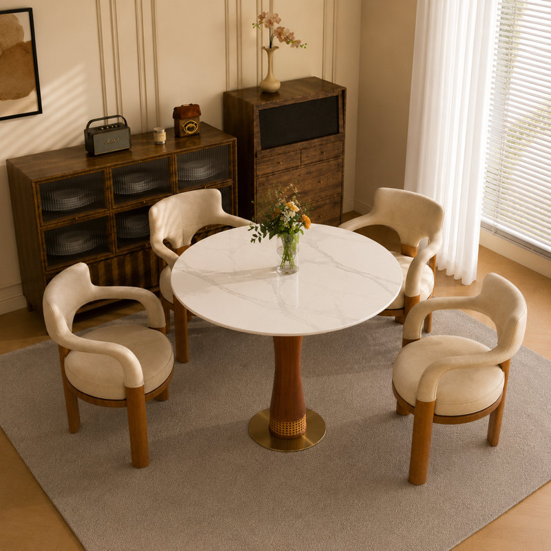Sculpted Wood Pedestal Dining Table with Woven Wicker Detail & Round Stone Surface, White/Gray